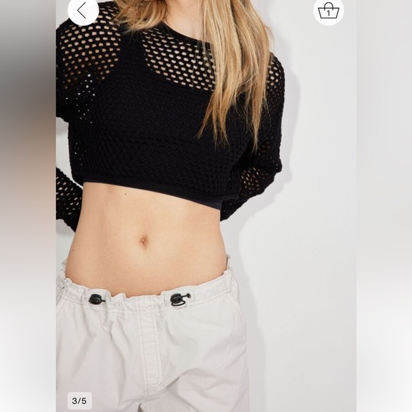 Garage Open Knit Cropped Crochet Black Sweater - Picture 3 of 5